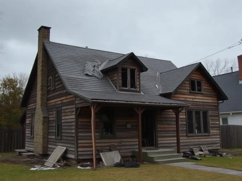 Storm damaged house with tarped roof and debris in the yard