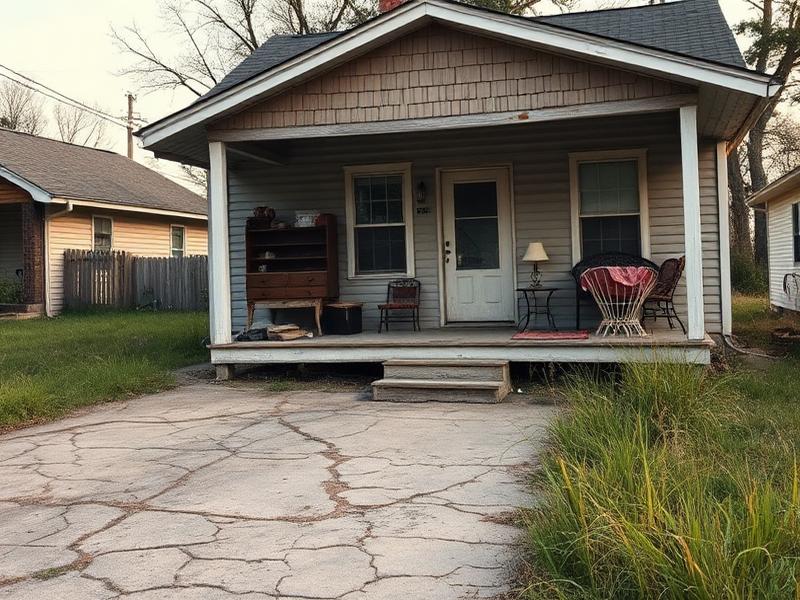 Vacant inherited house with cluttered porch and cracked driveway
